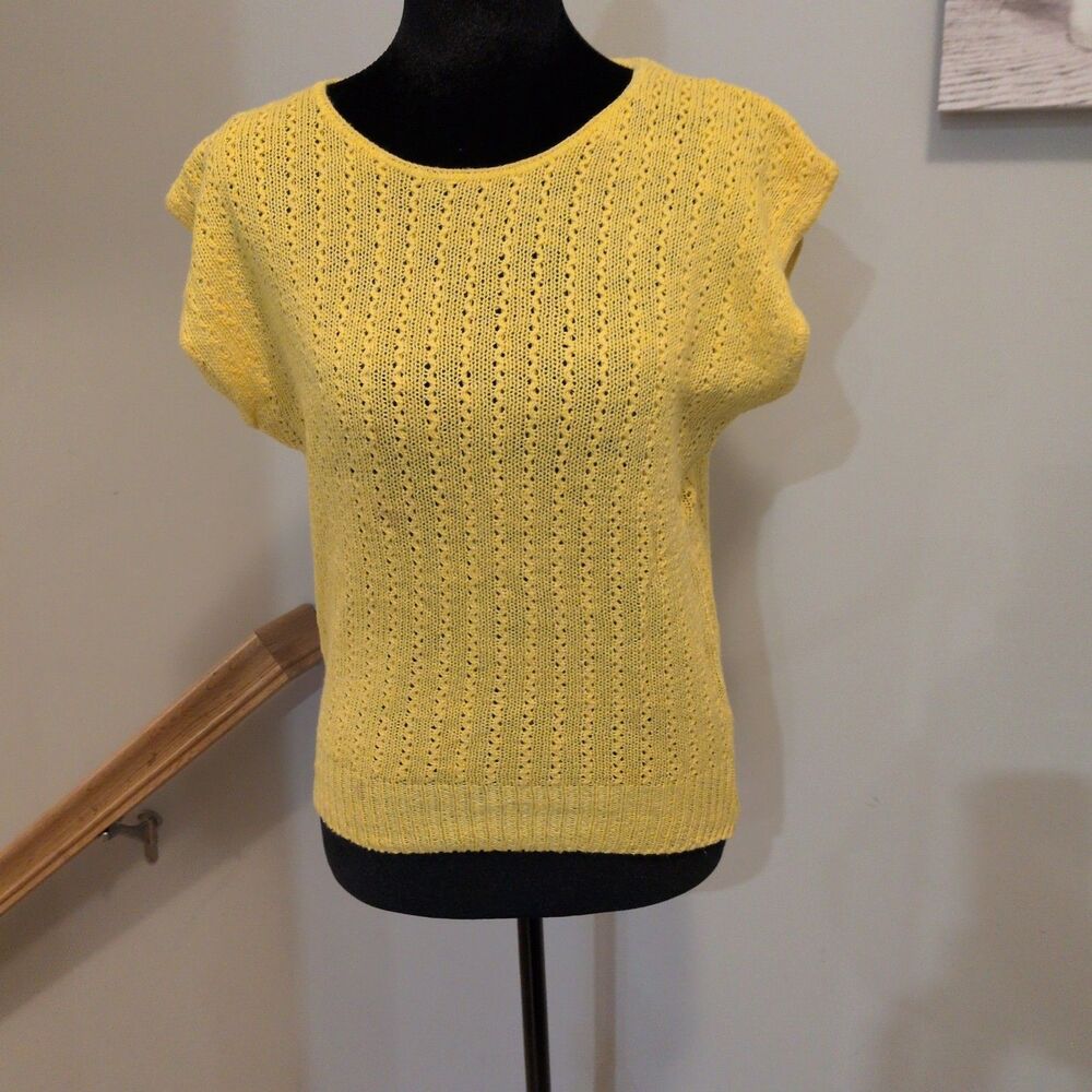 Vintage Marissa Yellow Lace Eyelet Knit Top M Linen Cotton Short Sleeve Boho